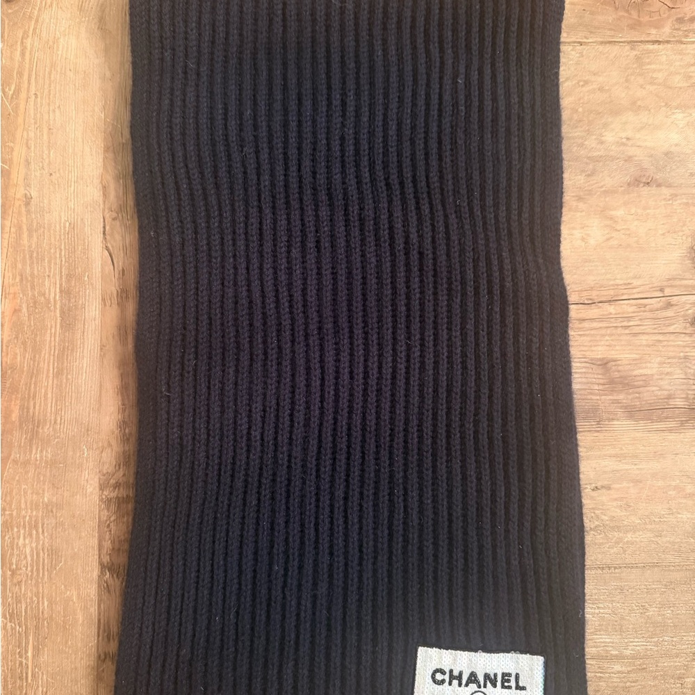 Chanel Ribbed Knit Scarf - Dark Navy with Sequined Logo